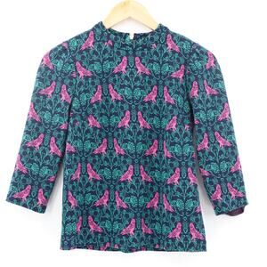 Boden Women's Aria Jersey Jaquard Bird Print 3/4 Sleeve Navy Teal Pink Sz 4P